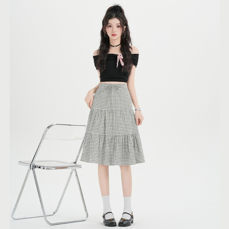 Plaid A-line bow short skirt high waist slim skirt for women