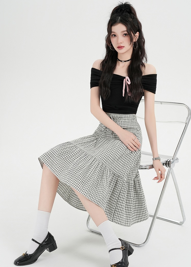 Plaid A-line bow short skirt high waist slim skirt for women