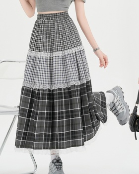 Elastic waist splice retro long skirt A-line plaid skirt