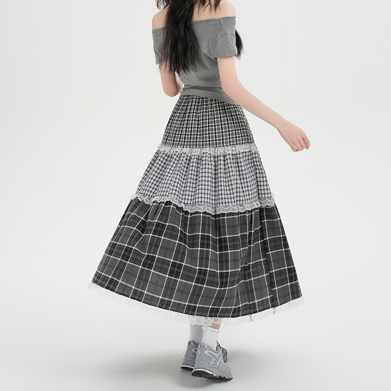 Elastic waist splice retro long skirt A-line plaid skirt