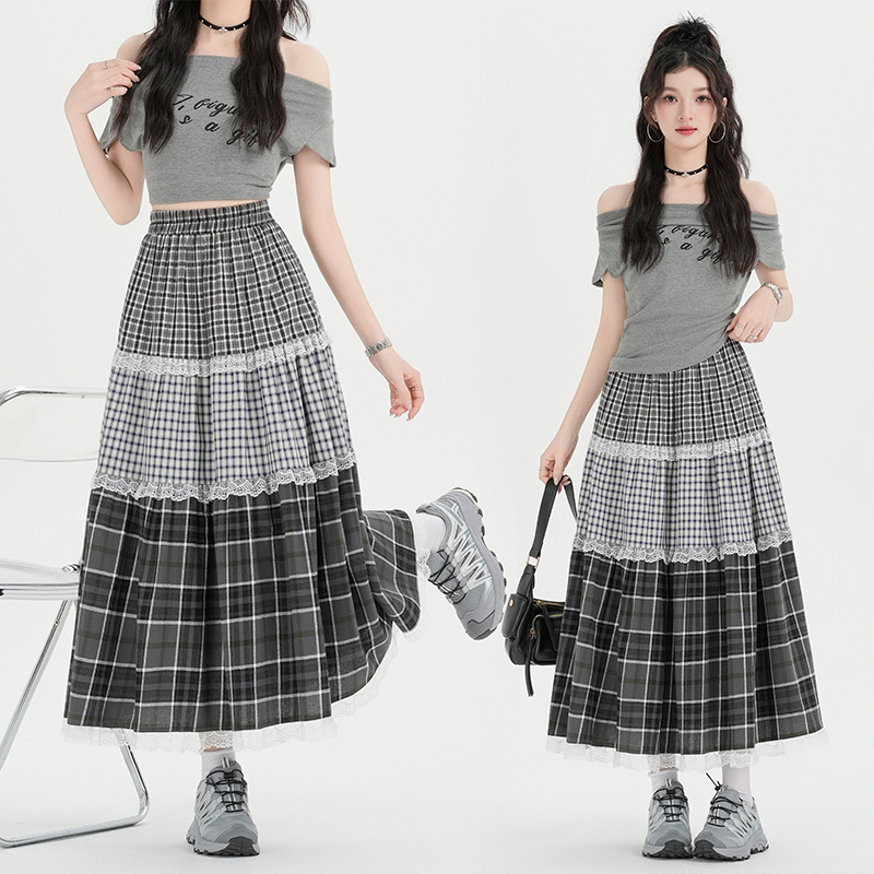 Elastic waist splice retro long skirt A-line plaid skirt