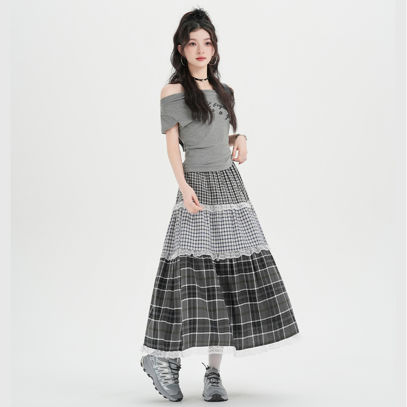 Elastic waist splice retro long skirt A-line plaid skirt