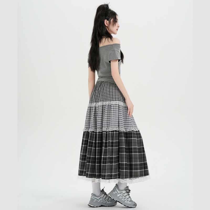 Elastic waist splice retro long skirt A-line plaid skirt