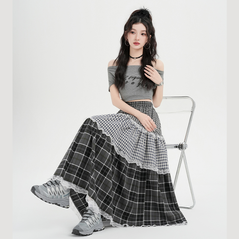 Elastic waist splice retro long skirt A-line plaid skirt