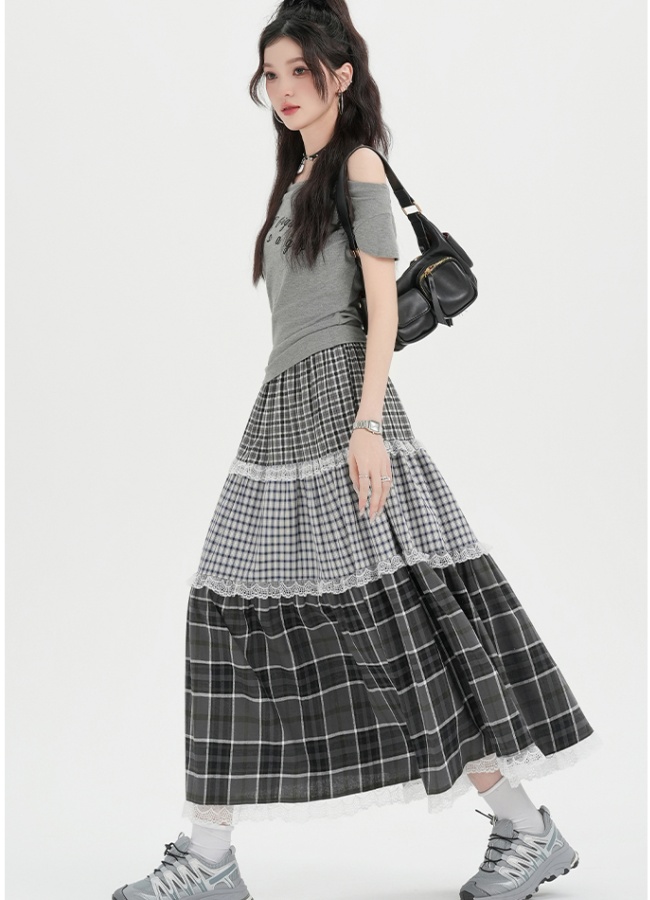 Elastic waist splice retro long skirt A-line plaid skirt