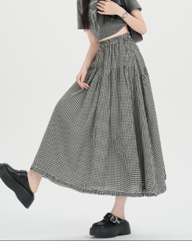 Plaid retro long skirt lace splice skirt for women