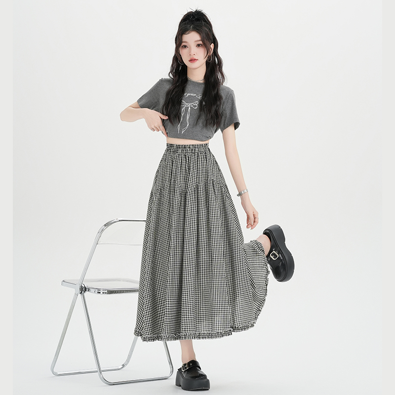 Plaid retro long skirt lace splice skirt for women
