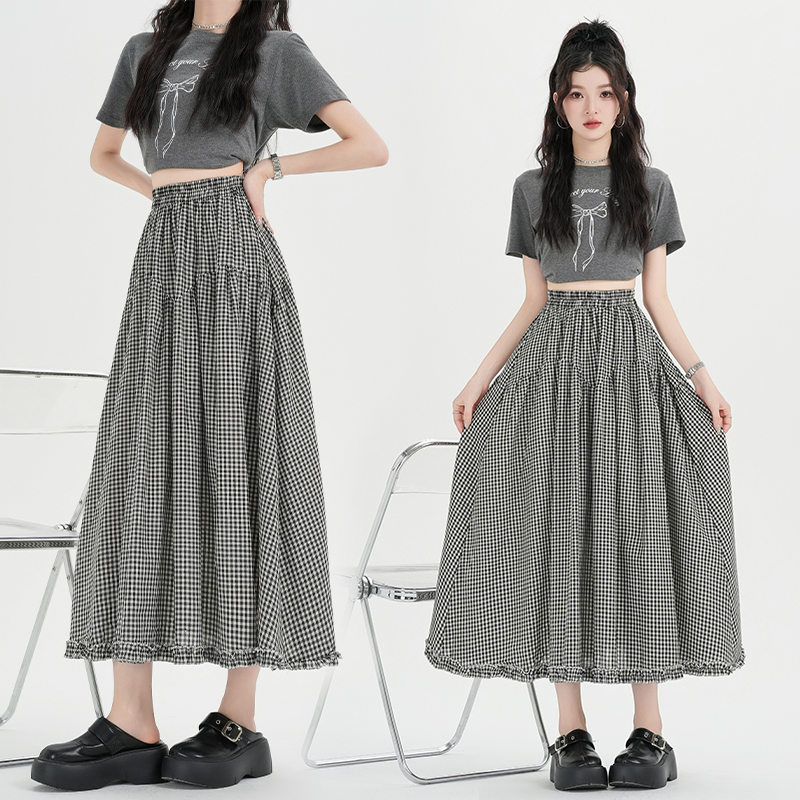 Plaid retro long skirt lace splice skirt for women