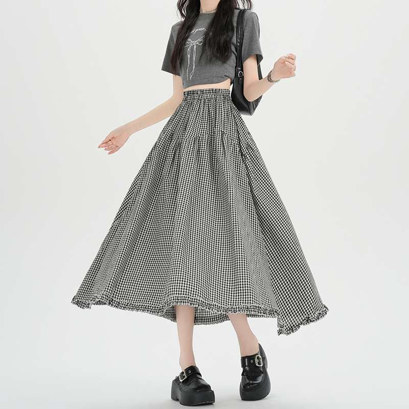 Plaid retro long skirt lace splice skirt for women