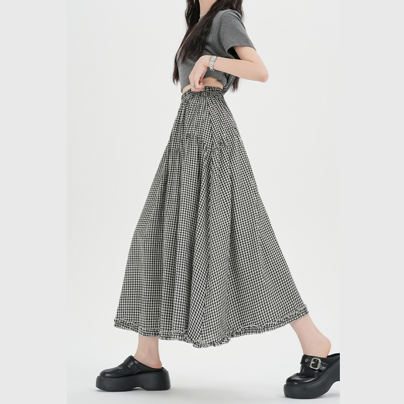 Plaid retro long skirt lace splice skirt for women