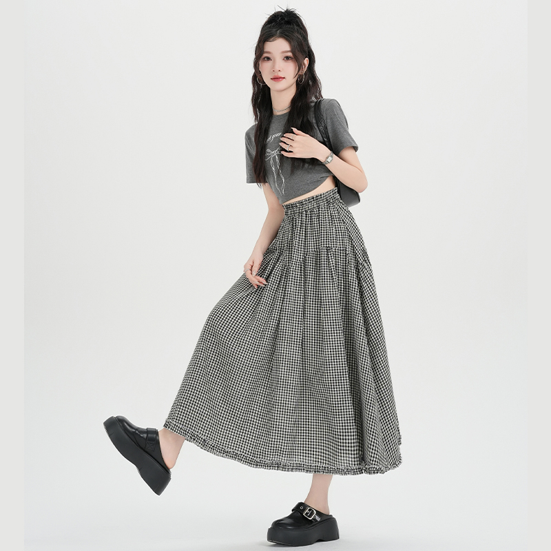 Plaid retro long skirt lace splice skirt for women