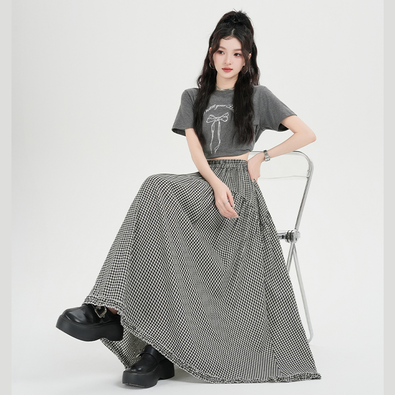 Plaid retro long skirt lace splice skirt for women