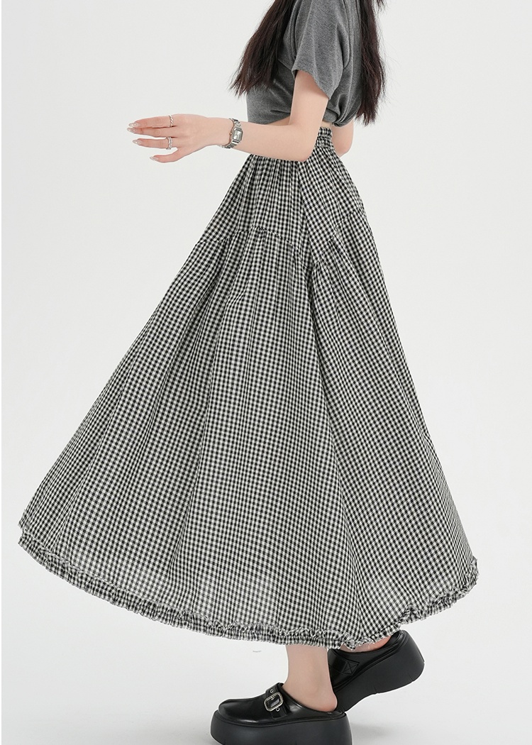 Plaid retro long skirt lace splice skirt for women