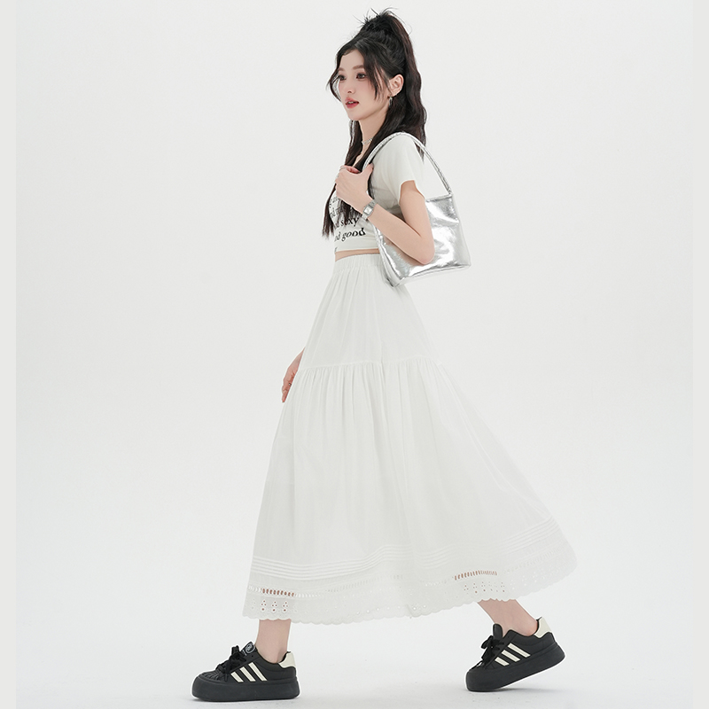 Lace Korean style white long skirt lady A-line skirt for women
