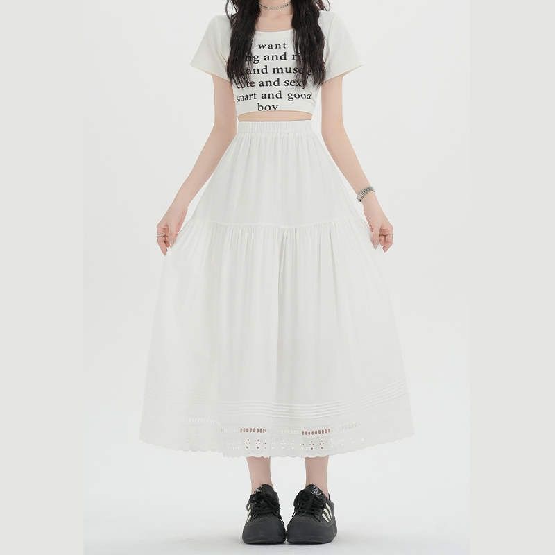 Lace Korean style white long skirt lady A-line skirt for women