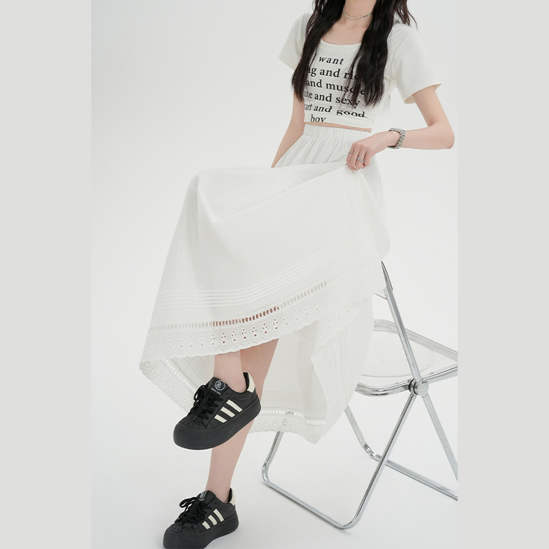 Lace Korean style white long skirt lady A-line skirt for women