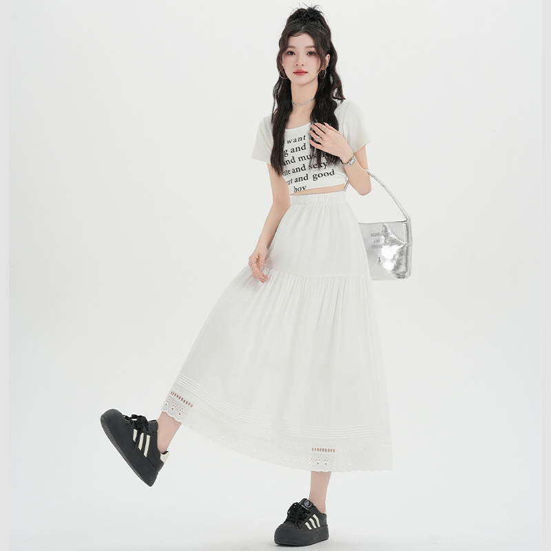 Lace Korean style white long skirt lady A-line skirt for women