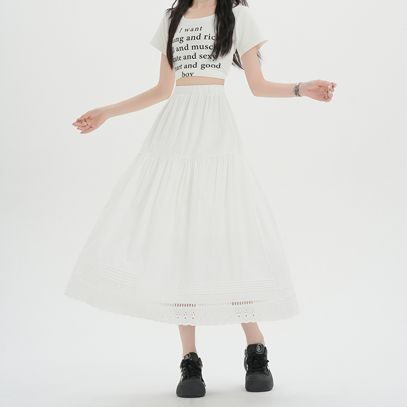 Lace Korean style white long skirt lady A-line skirt for women