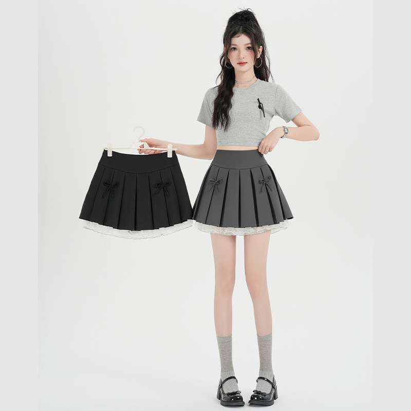 Pleated bow short skirt college style skirt for women
