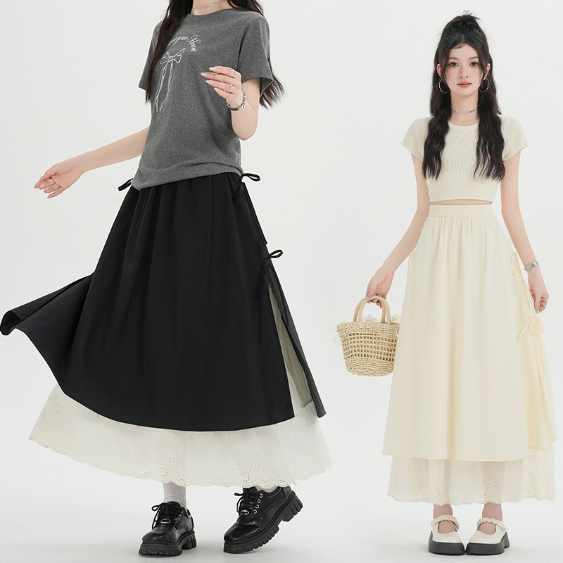 A-line slim long dress apricot high waist skirt for women