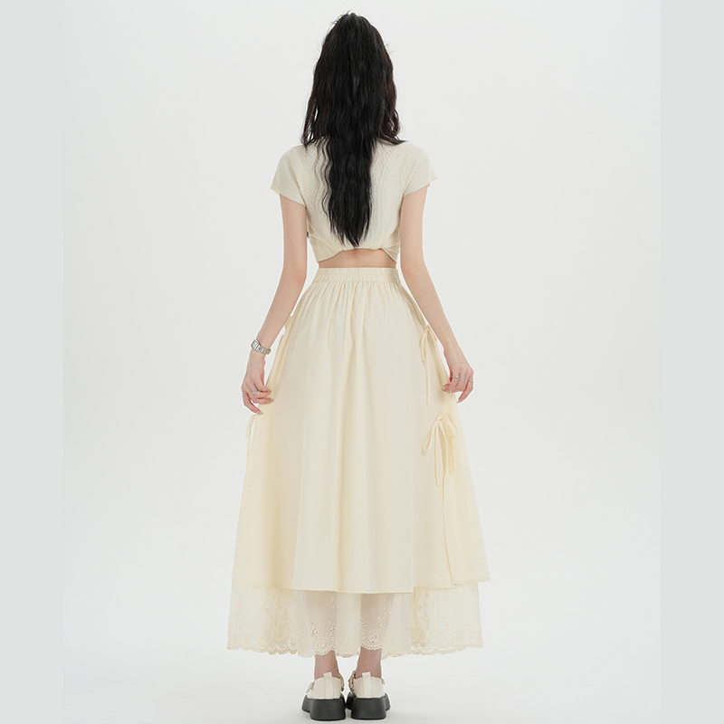A-line slim long dress apricot high waist skirt for women
