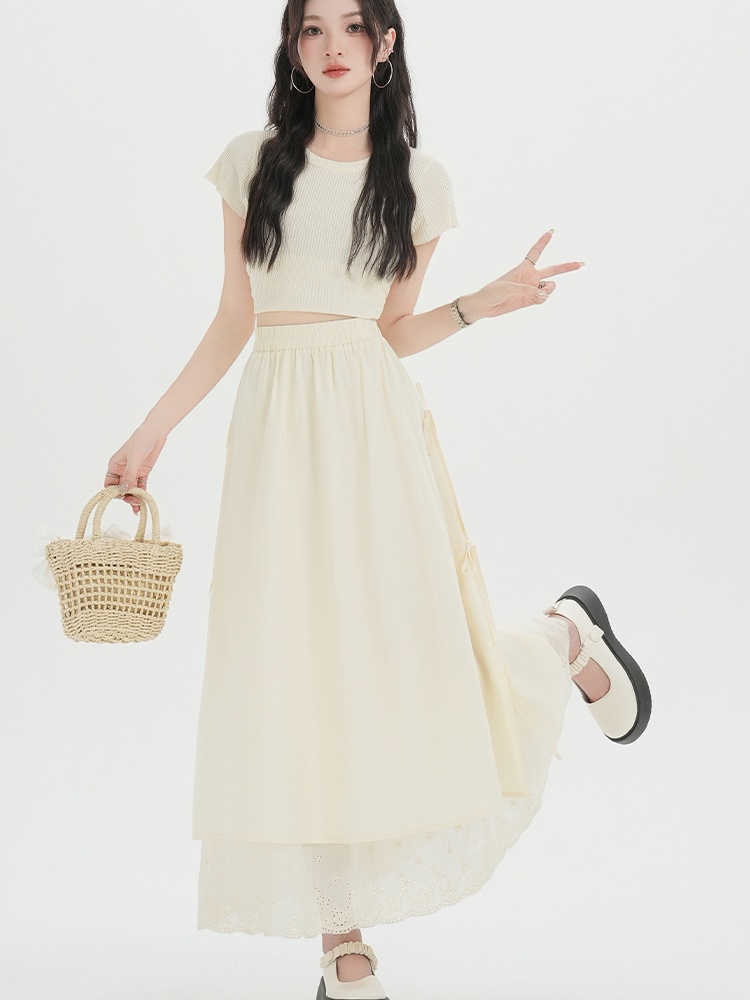 A-line slim long dress apricot high waist skirt for women