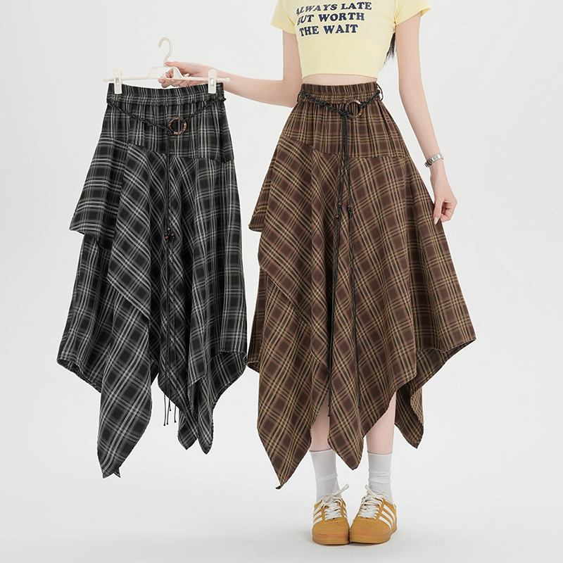 Plaid retro high waist A-line slim skirt for women