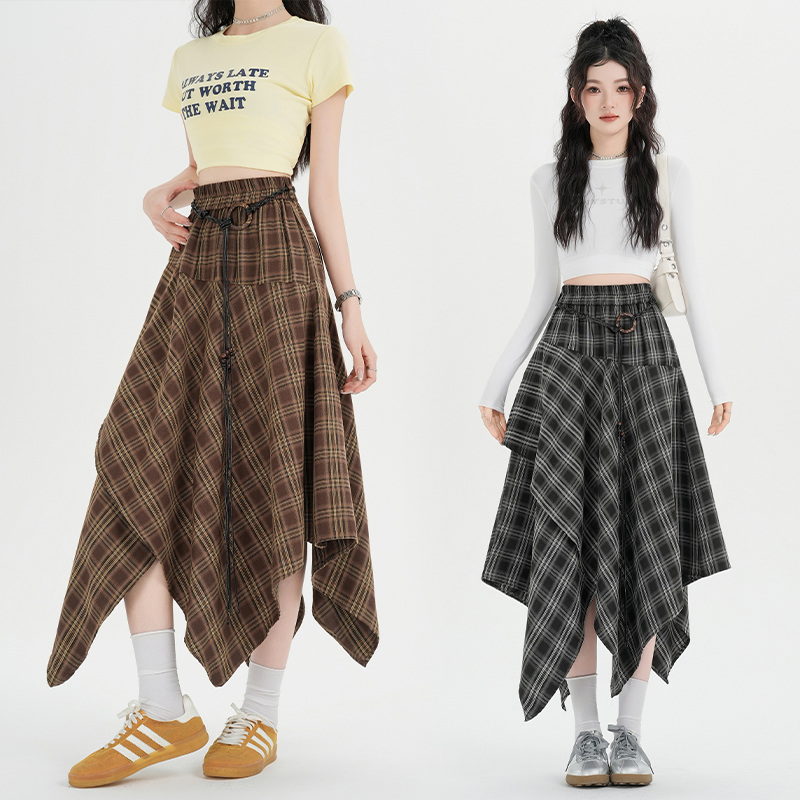 Plaid retro high waist A-line slim skirt for women