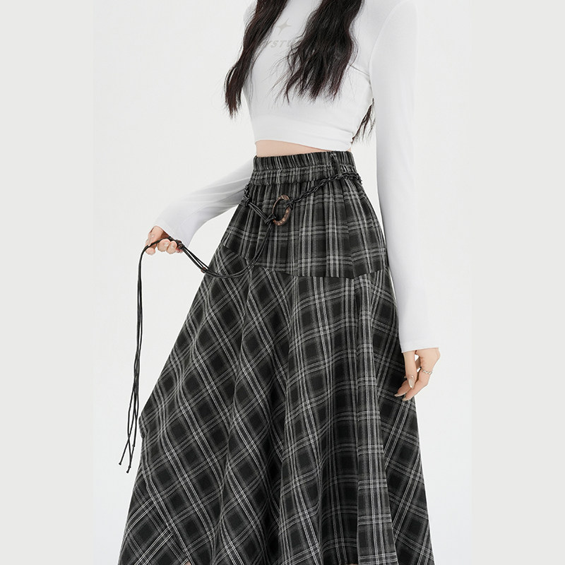 Plaid retro high waist A-line slim skirt for women