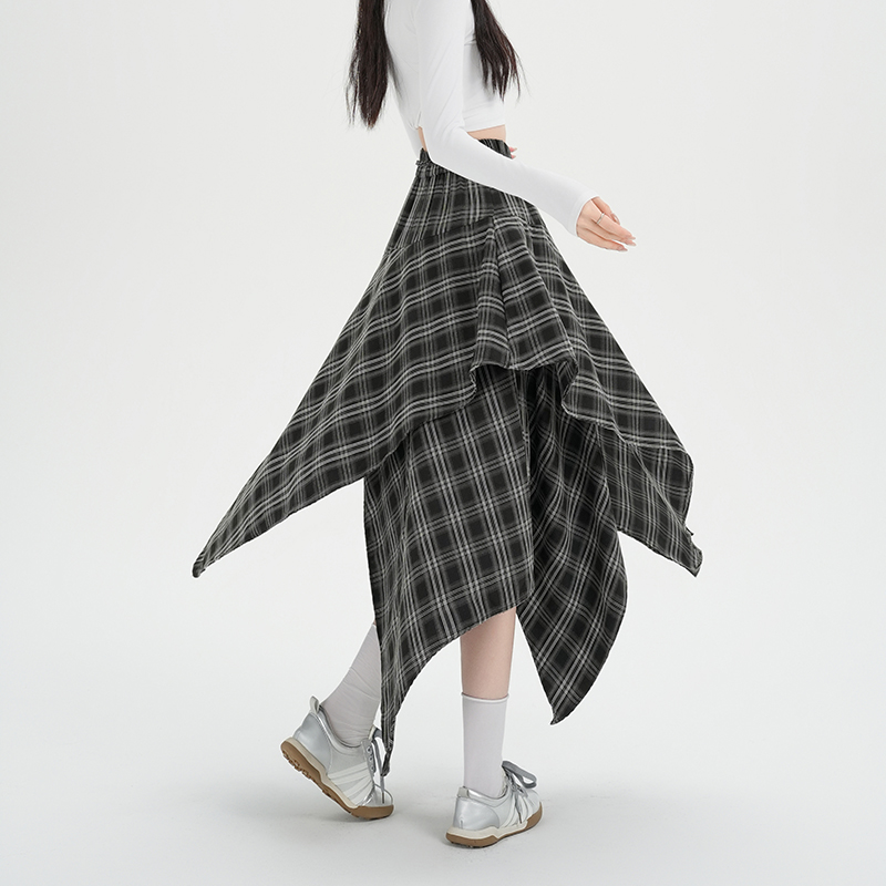 Plaid retro high waist A-line slim skirt for women