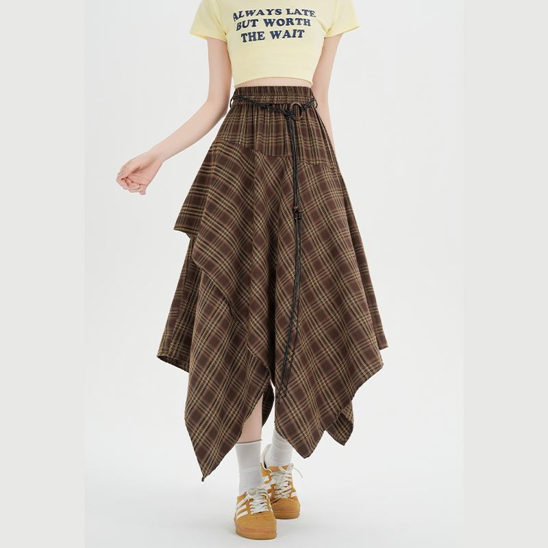Plaid retro high waist A-line slim skirt for women