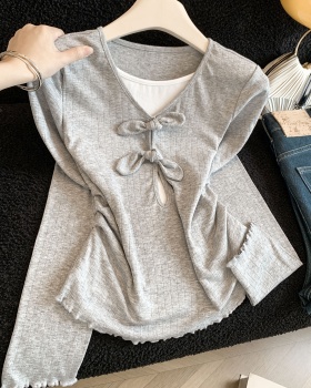 Wood ear long sleeve spring tops bow niche T-shirt for women