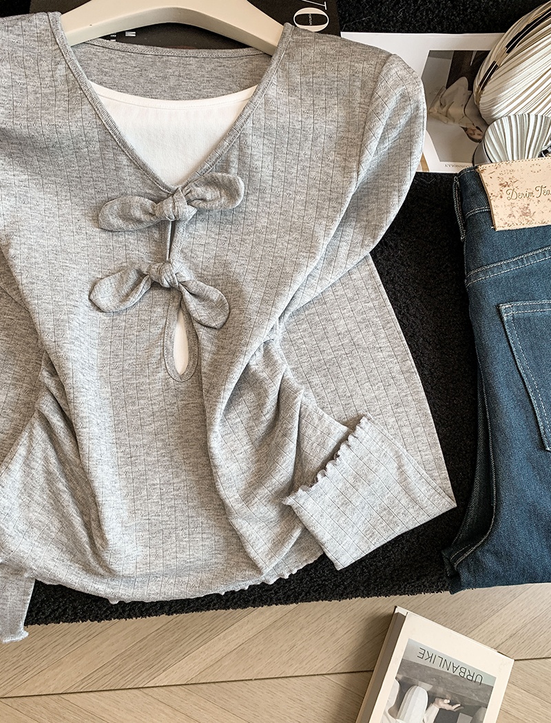 Wood ear long sleeve spring tops bow niche T-shirt for women