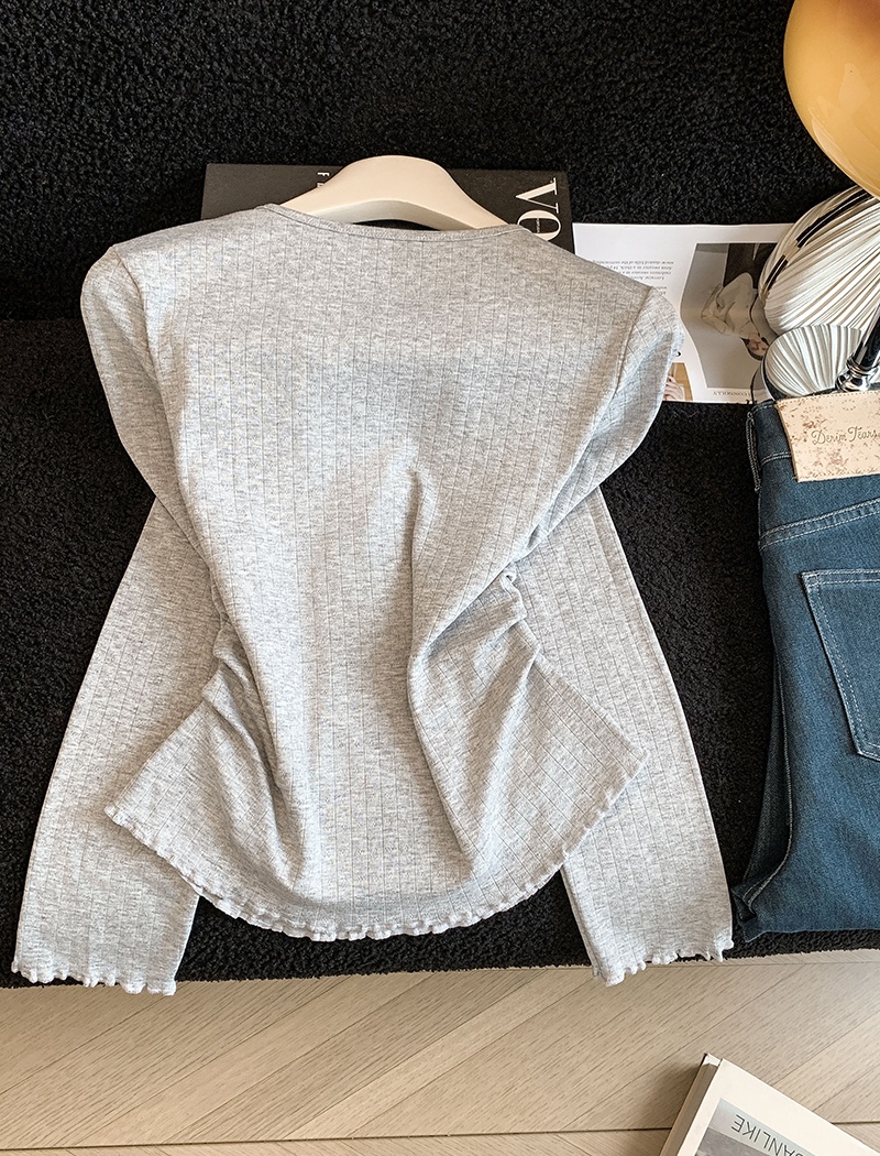 Wood ear long sleeve spring tops bow niche T-shirt for women