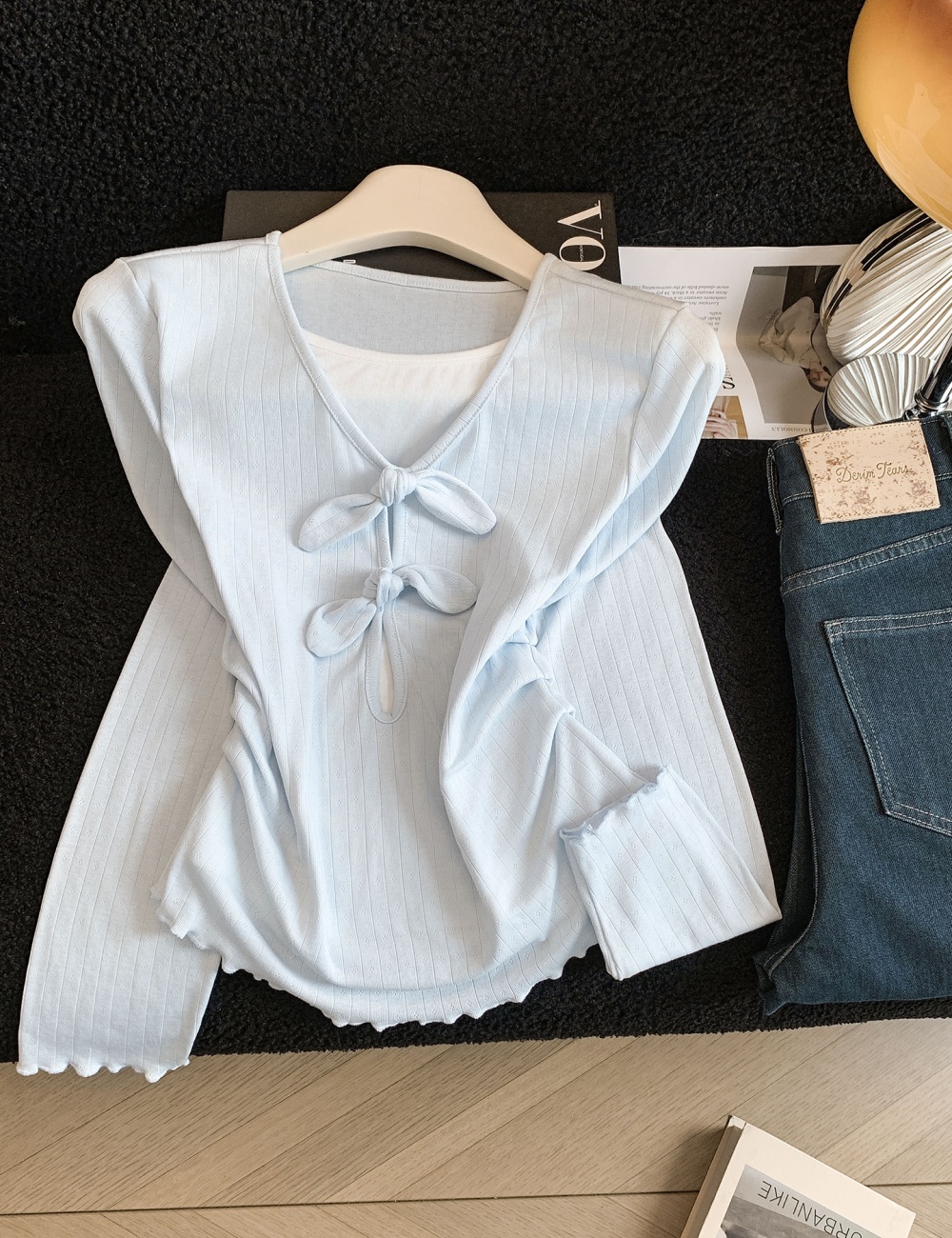 Wood ear long sleeve spring tops bow niche T-shirt for women