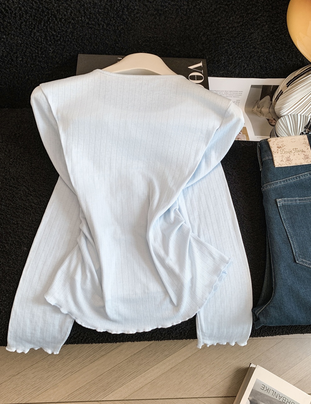 Wood ear long sleeve spring tops bow niche T-shirt for women