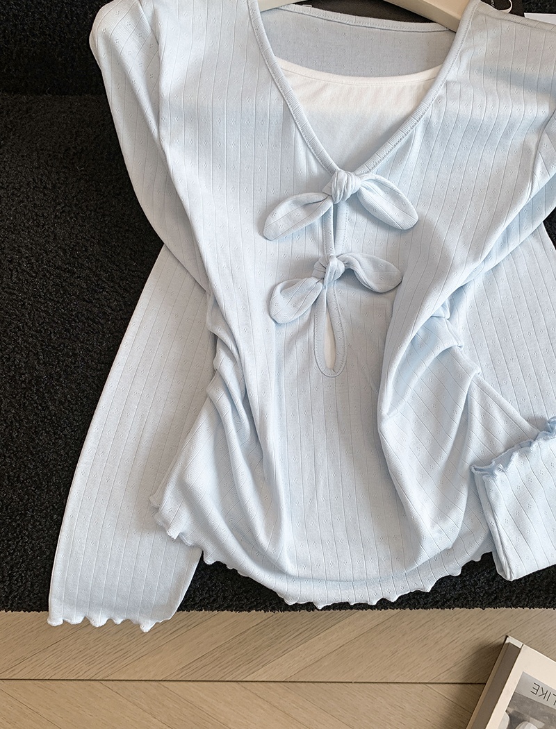 Wood ear long sleeve spring tops bow niche T-shirt for women
