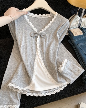 Refreshing lace V-neck long sleeve bow T-shirt for women