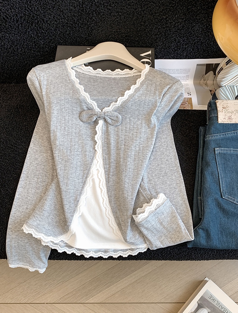 Refreshing lace V-neck long sleeve bow T-shirt for women