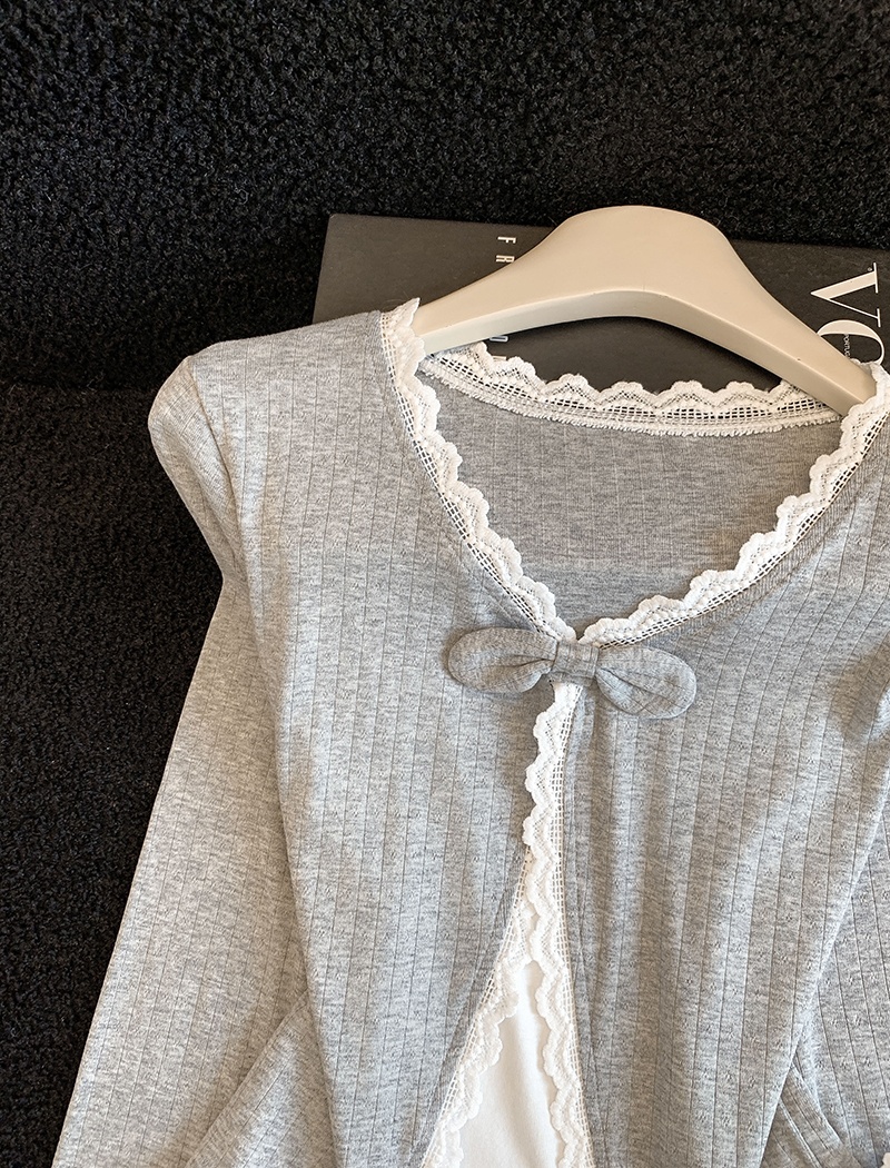 Refreshing lace V-neck long sleeve bow T-shirt for women