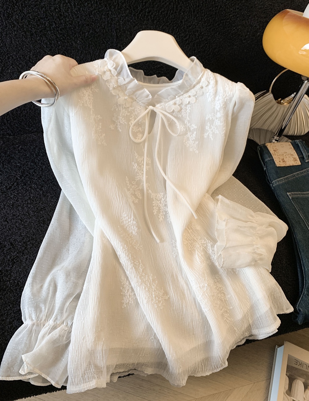 Frenum tender long sleeve tops white lace shirt for women