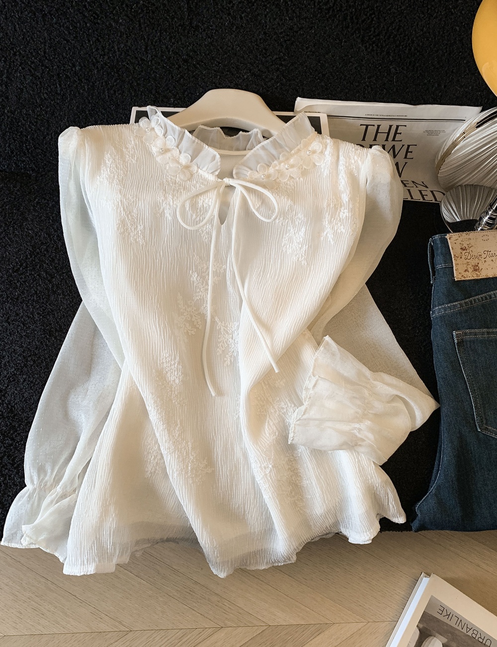 Frenum tender long sleeve tops white lace shirt for women