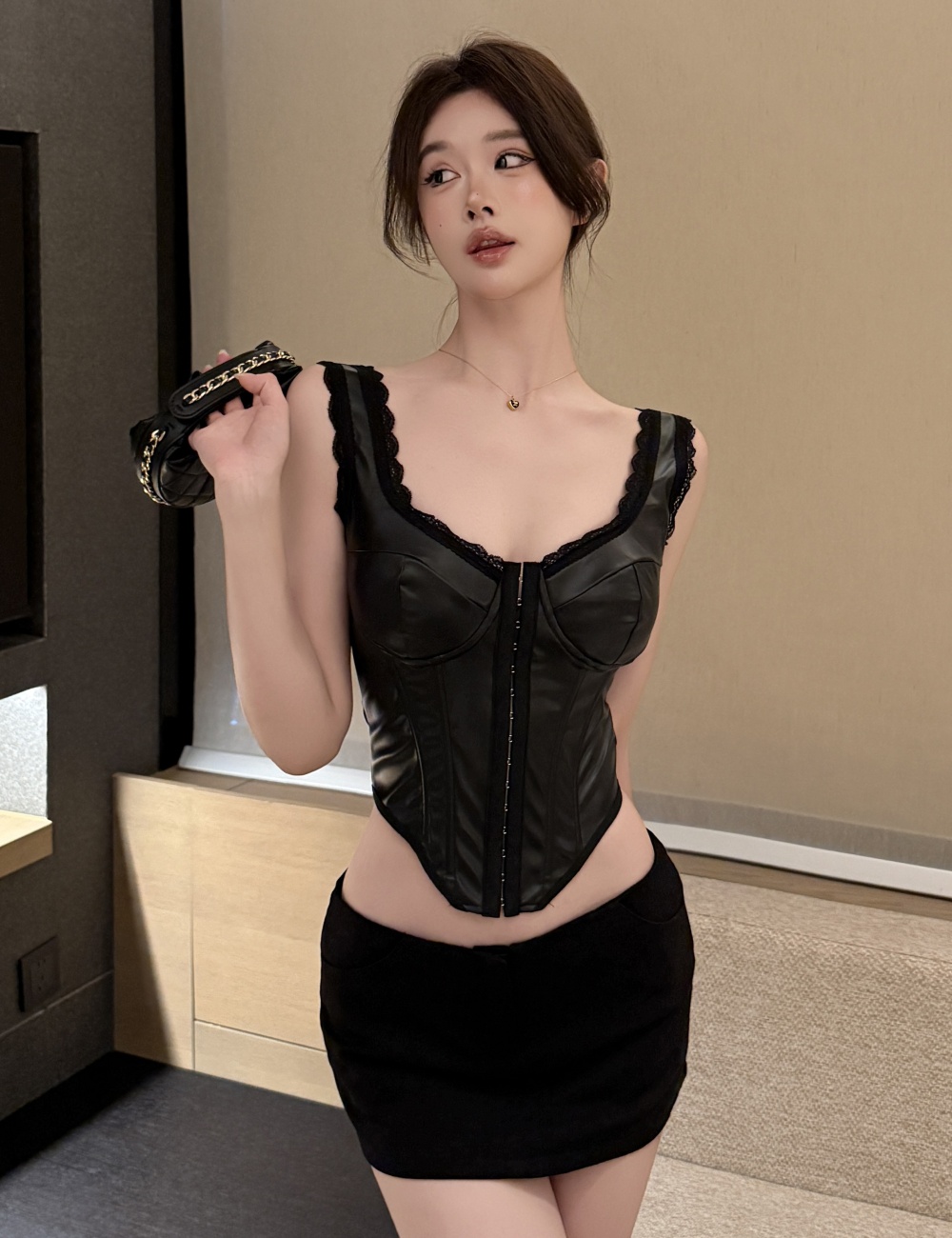 Spicegirl PU splice vest sling lace tops