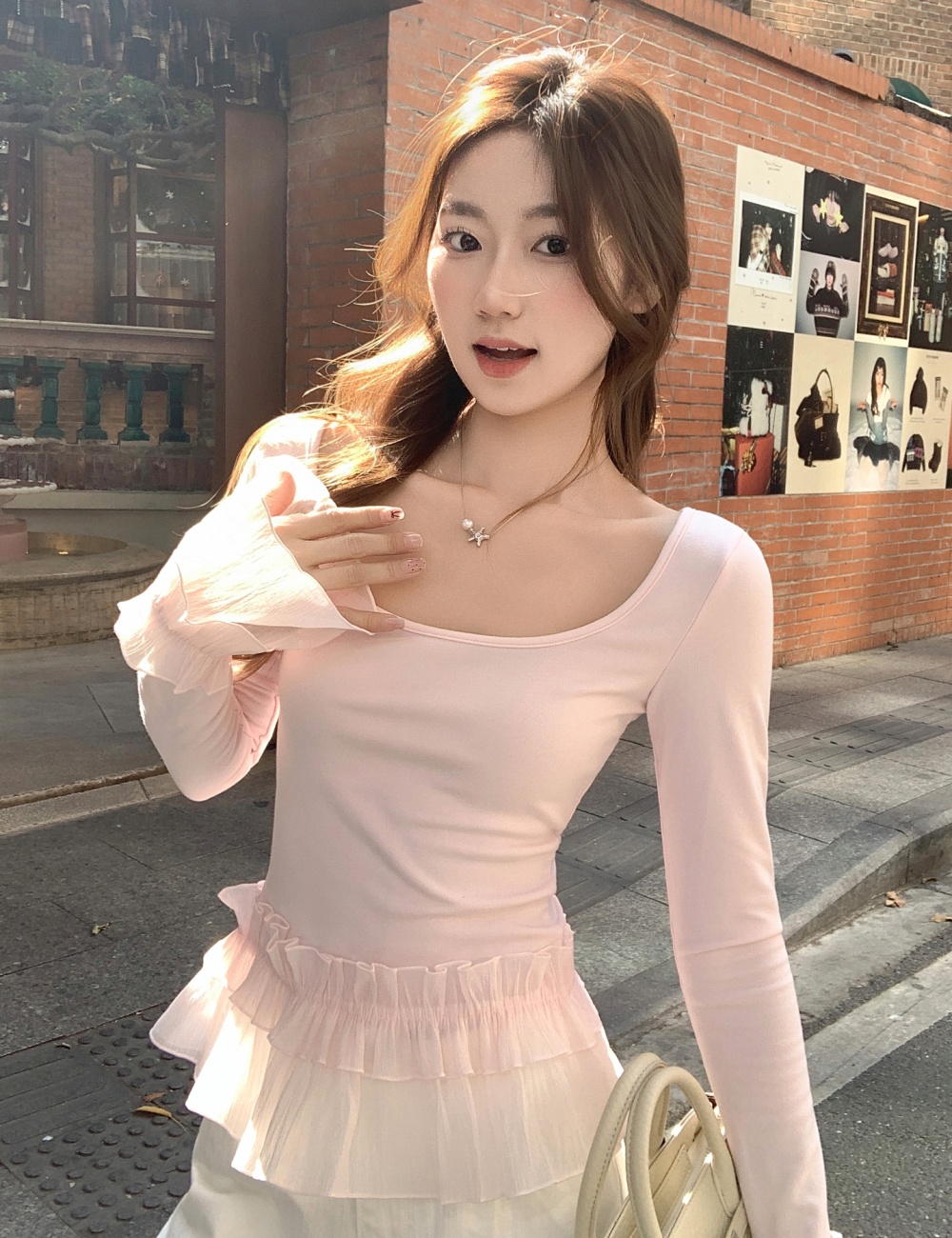 Spicegirl temperament tops U-neck slim T-shirt for women