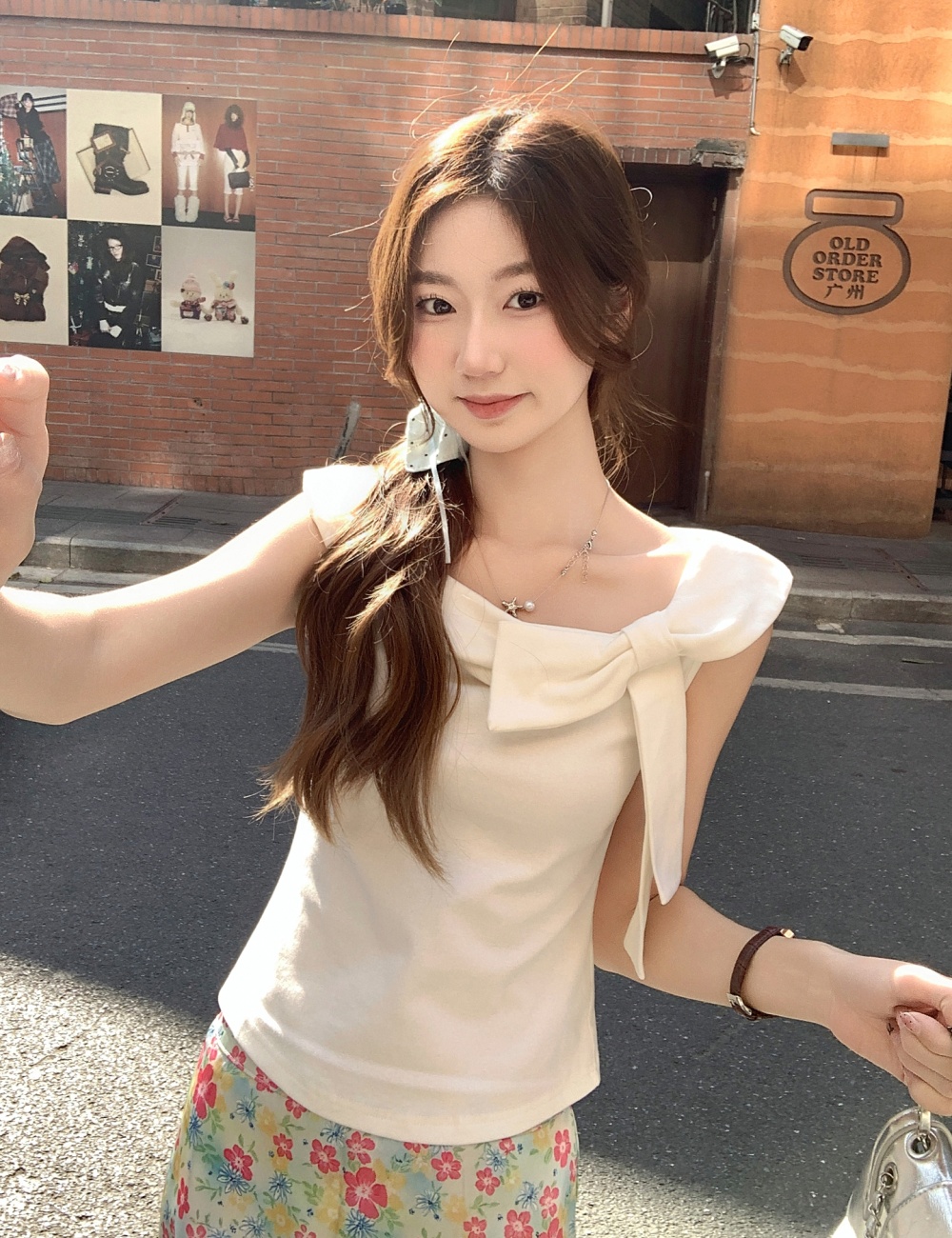 Enticement short strapless tops bow spring T-shirt for women