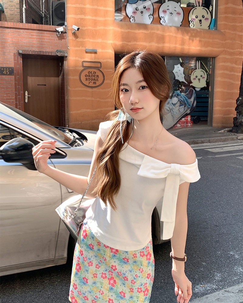 Enticement short strapless tops bow spring T-shirt for women