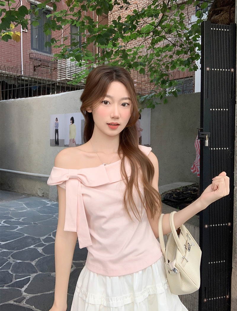 Enticement short strapless tops bow spring T-shirt for women