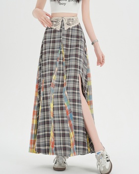 Plaid high waist long skirt splice skirt for women