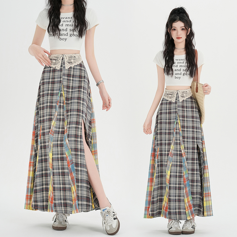 Plaid high waist long skirt splice skirt for women