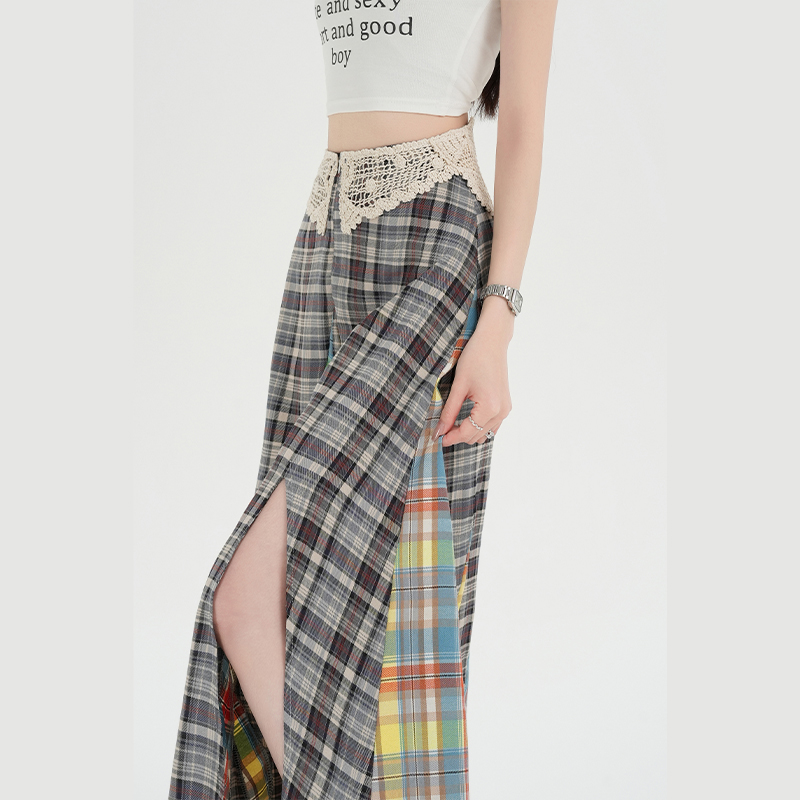 Plaid high waist long skirt splice skirt for women